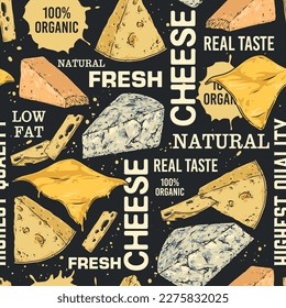 Patrón de queso de leche sin soldadura colorido con queso orgánico de diferentes variedades cortadas en triángulos o rodajas ilustración vectorial