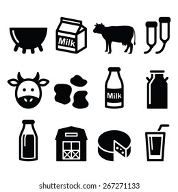 Milk, Cheese Production, Cow Vector Icons Set 