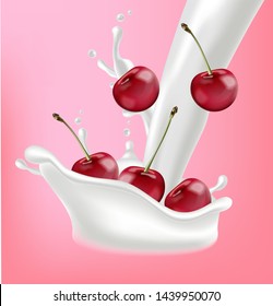 Milk and cherry fruits splash Vector realistic. Pink background template. 3d illustration