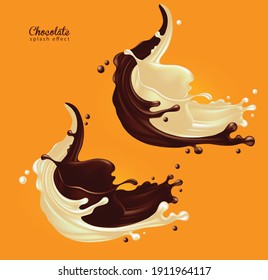 Milk chocolate advertising. A jet of chocolate and white milk in a dynamic whirlwind with a splash effect.  3D vector. High detailed realistic illustration