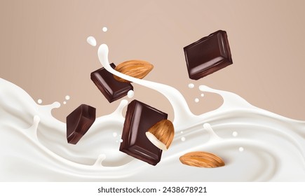 Milk with chocolate and almonds splashing isolated on solid color background. Realistic vector in 3D elements. Food concept.