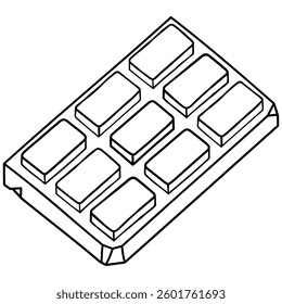 Barra de chocolate de leche o tableta de llamada con esquina astillada y borde de línea de doodle de contorno. Hecho por el hombre. No generado por la IA.