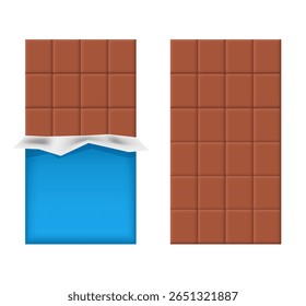 Barra de chocolate de leite. Chocolates em um invólucro azul. Barra de chocolate desembrulhada, clipart de vetor isolado no fundo branco.