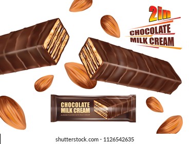 Milk chocolate bar flavor and almond seeds, tasty and package in the middle isolated on white background for your brand, Vector realistic in 3d illustration. Food concept.