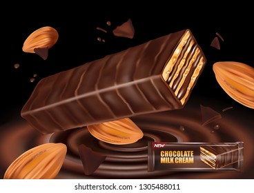Milk chocolate bar flavor with tasty liquid twisted and package in the middle isolated on solid color background for your brand, Vector realistic in 3d illustration. Food concept.