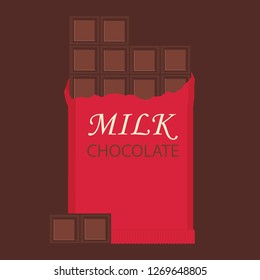 Milk chocolate bar and chocolate pieces. Vector illustration isolated on brown background. 