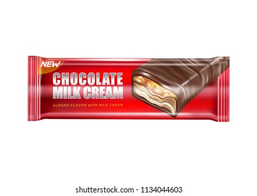Milk and chocolate bar, red polyethylene package design, isolated on white background, Realistic 3D vector mockup. of free space for your copy and branding.