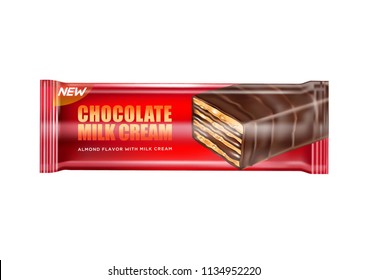 Milk and chocolate bar, red polyethylene package design, isolated on white background, Realistic 3D vector mockup. of free space for your copy and branding.