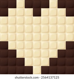 Milk chocolate bar square shape with white chocolate as a heart shape 8 bit style graphic illustration.