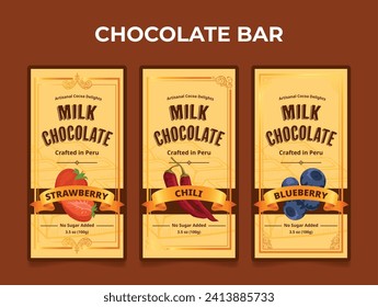 Milk chocolate bar with strawberry chili and blueberry label design template set vector illustration. Choco trendy luxury product sweet delicious dessert food package wrapping brand front sticker