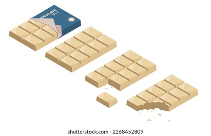 Milk chocolate bar vector set. Set of different unwrapped square milk chocolate or white chocolate bars and slices isometric style vector design. White chocolate 3d vector cartoon