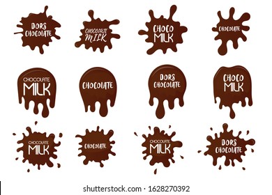 Milk chocolate blot. Chocolate drops and stains. Modern poster of fresh milk splash on a light background, flat design. Blots from milks. Vector illustration, EPS 10.