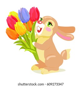 Milk chocolate bunny with luxury bouquet of tulips isolated on white background. Vector illustration of sweet gifts, greeting card with holiday mascot. Festive emblem of hare animal in cartoon style