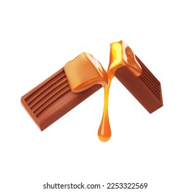 Milk chocolate and caramel. Liquid caramel. Vector illustration.