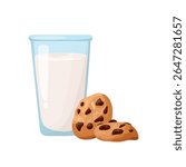 Milk with chocolate chip cookies. Flat vector clipart, illustration with isolated background.