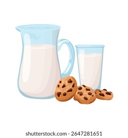 Milk with chocolate chip cookies. Flat vector clipart, illustration with isolated background.