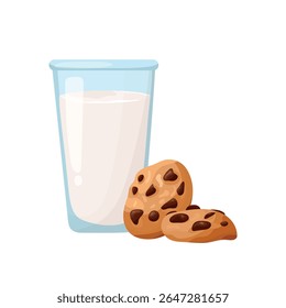 Milk with chocolate chip cookies. Flat vector clipart, illustration with isolated background.