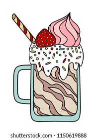 Milk chocolate cocktail with strawberry, wafer sticks and whipped cream
