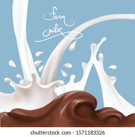 Milk Chocolate Cocoa Caramel Liquid Hot Flowing Splashes Vector Illustration