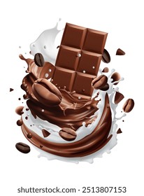 Leite Chocolate café splash com o feijão de café caindo, vetor 3d.Mesh gradiente wes usado