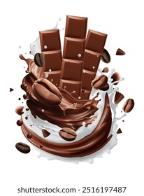 Milk Chocolate coffee splash with Coffee Bean falling, 3d vector.Mesh gradient wes used