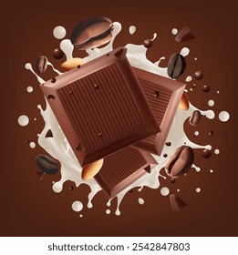 Chapoteo del café del chocolate de la leche con el grano de café que cae, Vector 3d. Gradiente de la malla wes usado