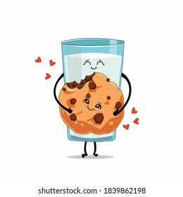 Galleta de leche y chocolate sobre un fondo blanco aislado. Me encanta la leche y la galleta de chocolate. Abrazos. Ilustración vectorial. Leche feliz. Galleta feliz. Vaso lleno de leche