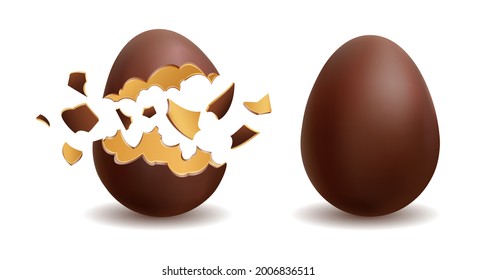 Huevo de chocolate con leche. chocolates blancos y oscuros rotos huevos de Pascua aislados en fondo blanco, postre de celebración infantil tradicional presentan ilustración vectorial de color