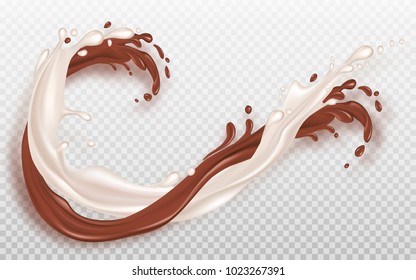 Milk and chocolate flow. Liquid chocolate and milk flow mixed. Vector illustration for advertising or packaging cosmetics or dairy products.