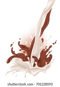 Milk and chocolate flow. Realistic splashes and drops on a white background.  Vector illustration.