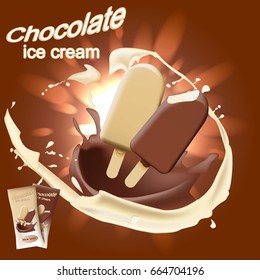 Milk chocolate ice cream with chocolate and milk on chocolate background. Vector illustration.