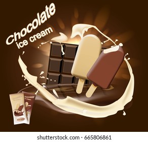 helado de chocolate con chocolate y leche en fondo de chocolate. Ilustración vectorial.