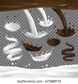 Milk and chocolate jet splashes, drops and blots set. 3d Realistic liquid ilustration. Vector drink on transparent background.