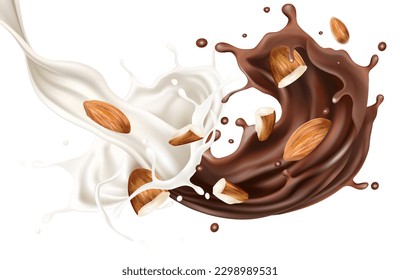 Milk and Chocolate liquid with almonds splashing isolated on solid color background. Realistic vector in 3D elements. Food and Drink concepts.