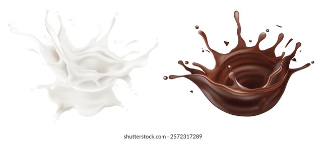 Milk and chocolate liquid splashing in the middle isolated on white background. Realistic in 3D illustration. Food concepts.