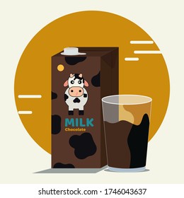 Milk chocolate on box packaging and on glass vector illustration
