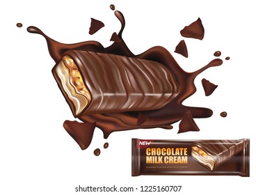 Milk Chocolate with packaging. Realistic vector illustration 3D isolated on white background, of free space for your copy and branding, Food concept.