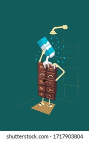 Milk chocolate. Milk chocolate in the shower. Funny. Illustration. Graphic Illustration. Cute. Happy Chocolate. Good mood. Character. Cartoon.  Green. Designer. 