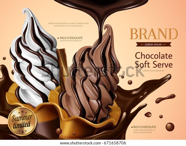Milk and chocolate soft serve ice cream ads,\
realistic soft serve with splashing premium chocolate liquid for\
summer in 3d illustration