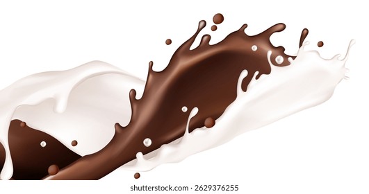 Milk and chocolate splash collision - creamy white liquid splattering with dark brown cocoa stream splashing. 3d dynamic food, abstract dairy product and sweet confectionery ingredient mixing.