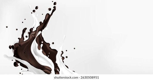 Milk and chocolate splash collision - creamy white liquid splattering with dark brown cocoa stream splashing. 3d dynamic food, abstract dairy product and sweet confectionery ingredient mixing.
