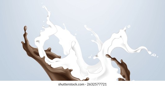 Milk and chocolate splash collision - creamy white liquid splattering with dark brown cocoa stream splashing. 3d dynamic food, abstract dairy product and sweet confectionery ingredient mixing.