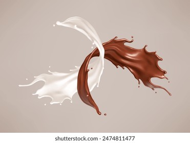 Milk and chocolate splash. Melted brown choco and milky waves with drops. Realistic vector illustration