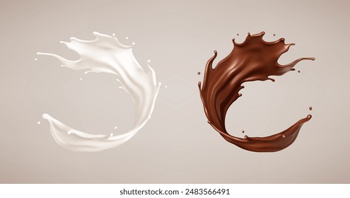 Milk and chocolate splash. Melted brown choco and milky waves with drops. Realistic vector illustration