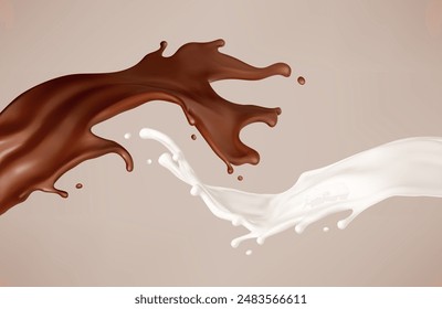 Milk and chocolate splash. Melted brown choco and milky waves with drops. Realistic vector illustration