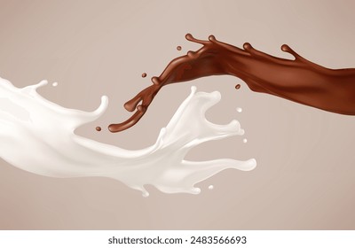 Milk and chocolate splash. Melted brown choco and milky waves with drops. Realistic vector illustration