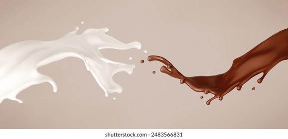 Milk and chocolate splash. Melted brown choco and milky waves with drops. Realistic vector illustration