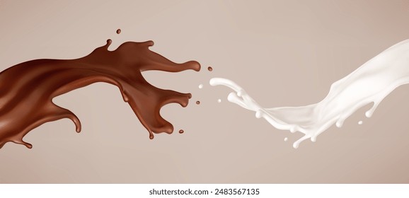 Milk and chocolate splash. Melted brown choco and milky waves with drops. Realistic vector illustration