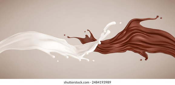 Milk and chocolate splash. Melted brown choco and milky waves with drops. Realistic vector illustration