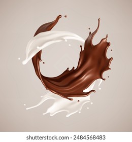 Leche y chocolate. Choco marrón derretido y ondas lechosas con gotas. Ilustración vectorial realista
